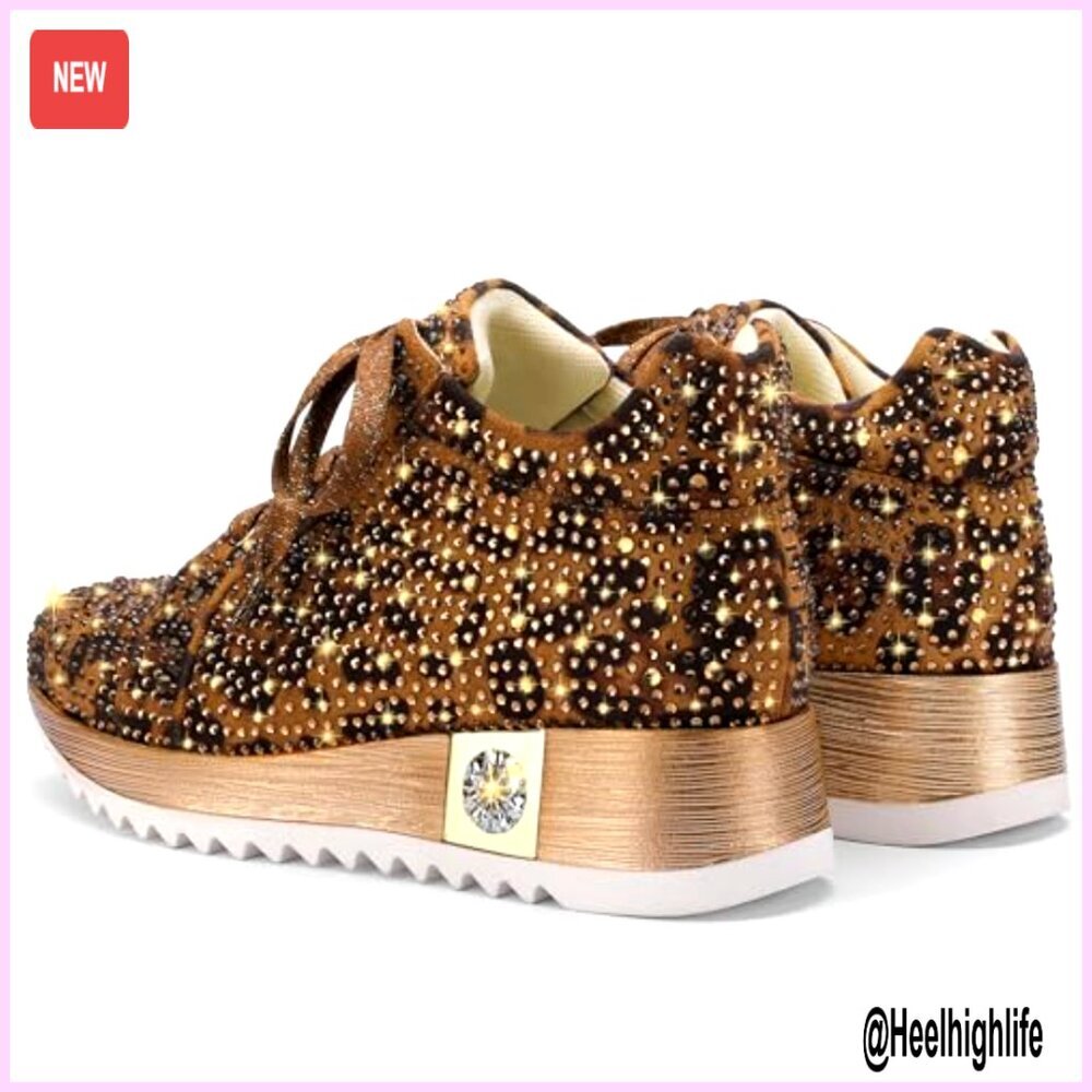 Glitter Platform Wedge Sneakers with Rhinestones, 1.8 Inch Heel, Sparkly High - Picture 6 of 7